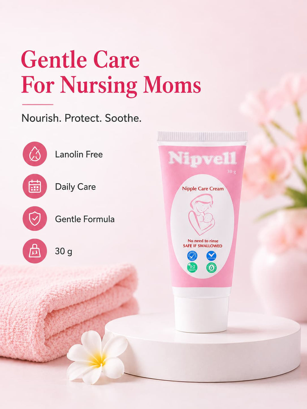 Nipvell premium lanolin-free nipple care cream 30g tube — main product shot