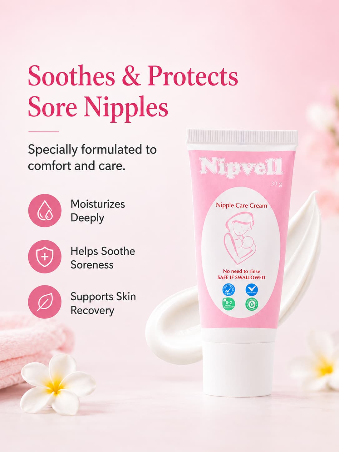 Nipvell lanolin-free nipple cream packaging detail