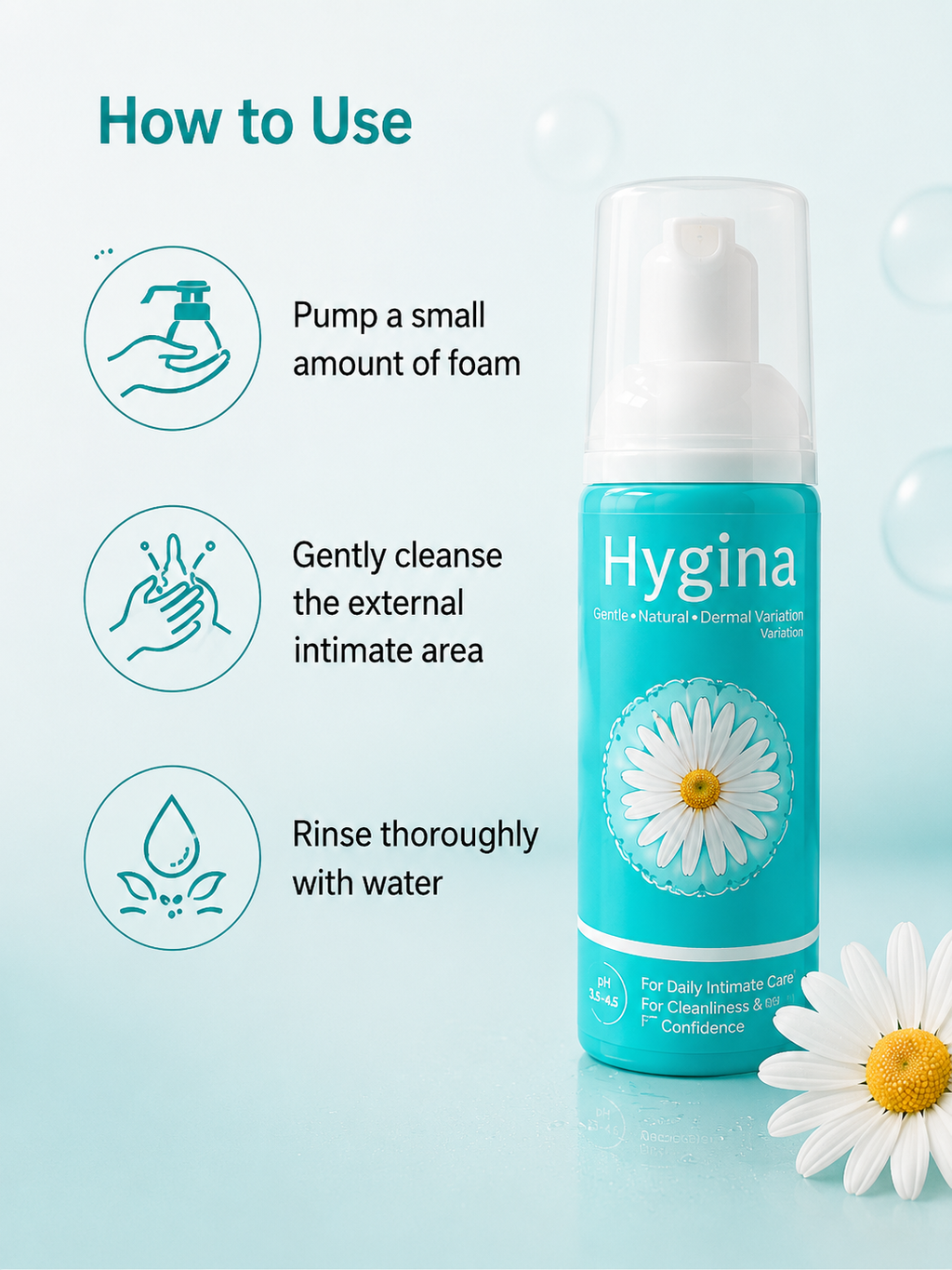 Hygina pH-conscious foam cleanser packaging detail